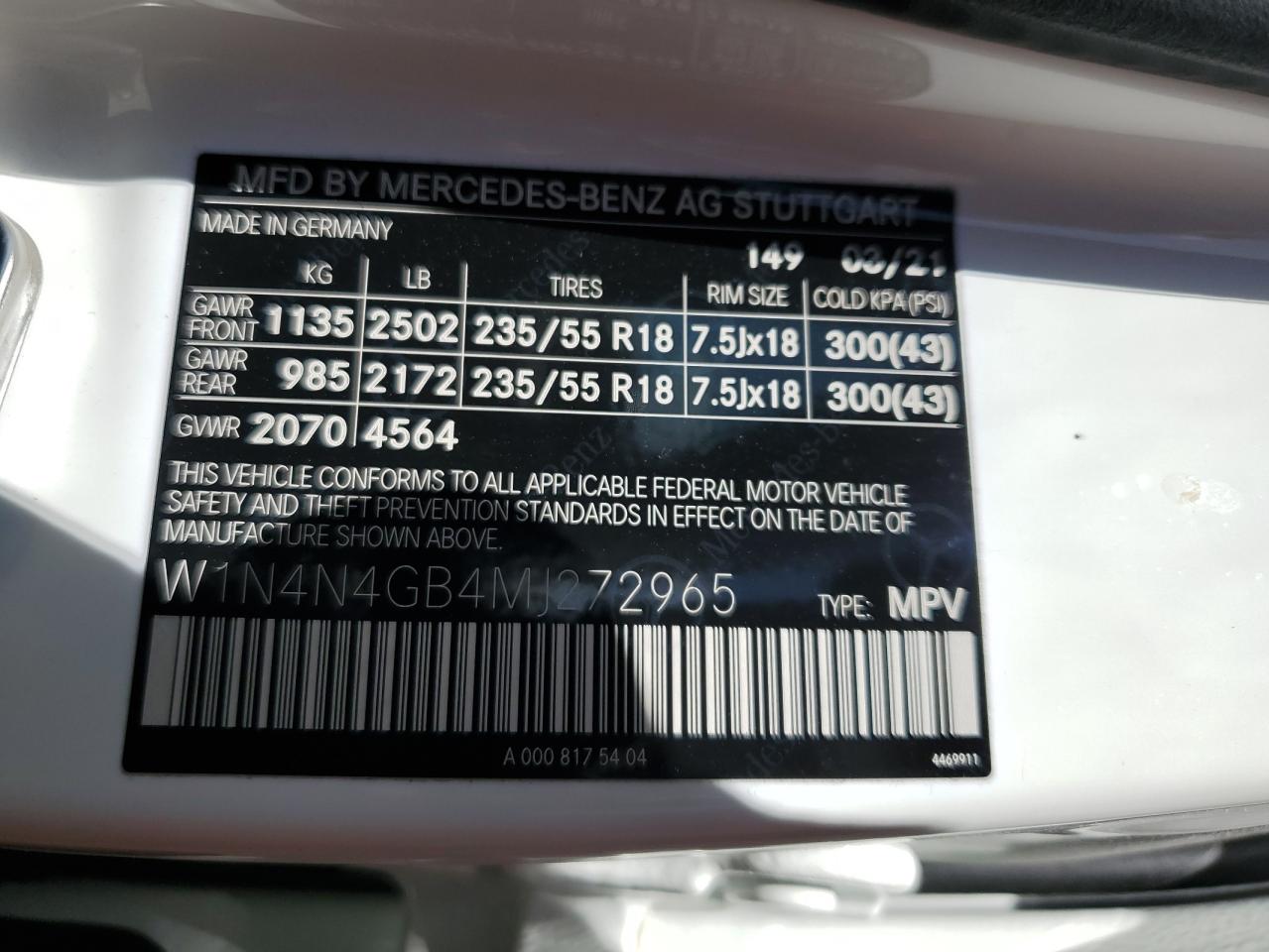 W1N4N4GB4MJ272965 2021 Mercedes-Benz Gla 250