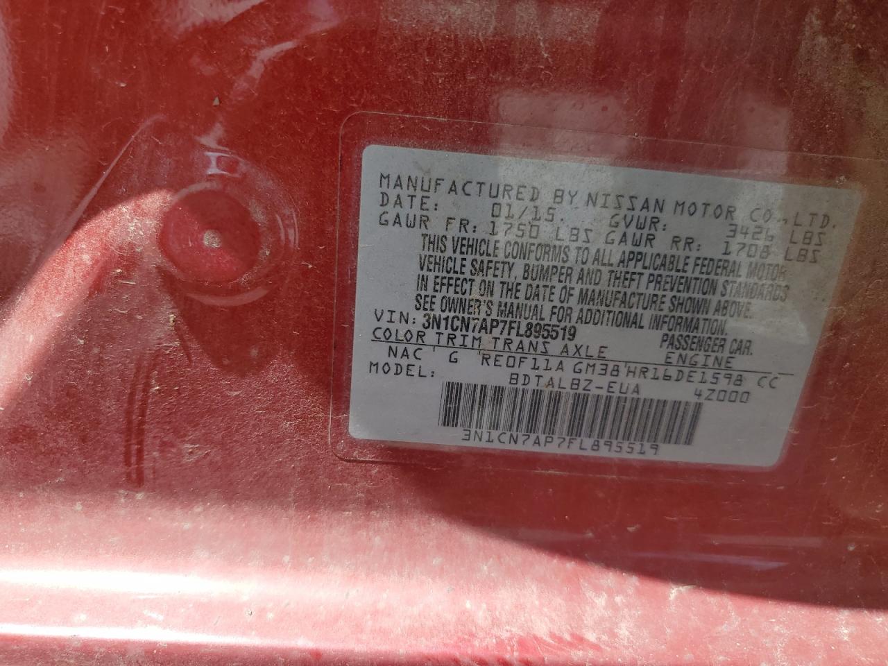 3N1CN7AP7FL895519 2015 Nissan Versa S