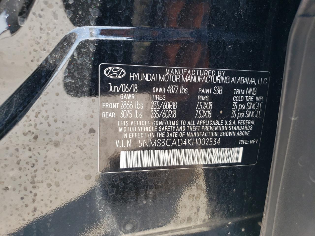 5NMS3CAD4KH002534 2019 Hyundai Santa Fe Sel