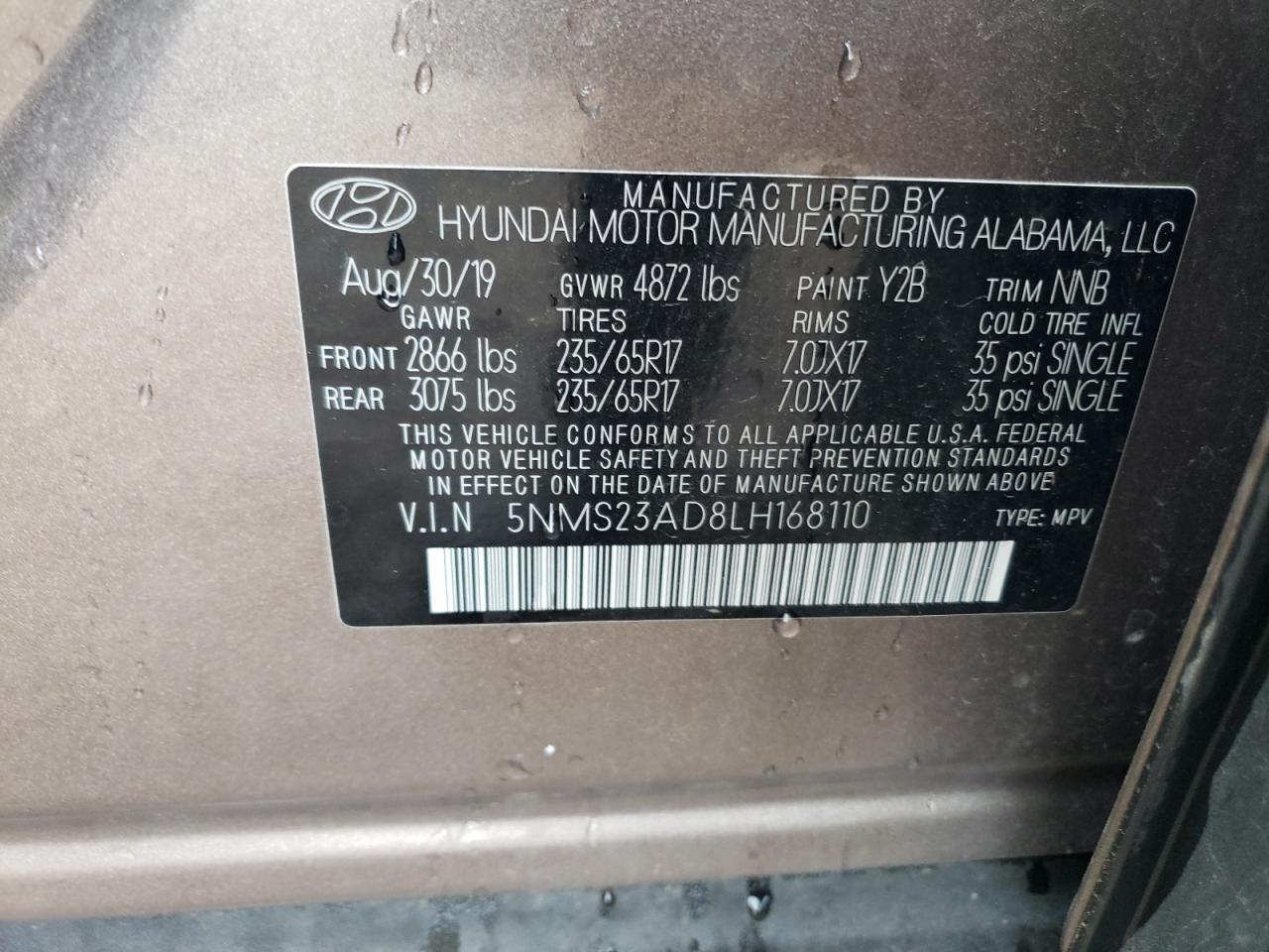5NMS23AD8LH168110 2020 Hyundai Santa Fe Se