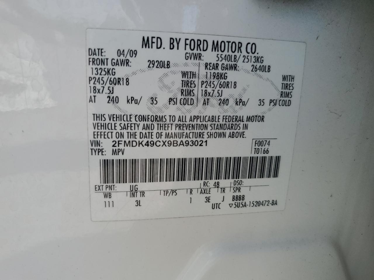 2FMDK49CX9BA93021 2009 Ford Edge Limited