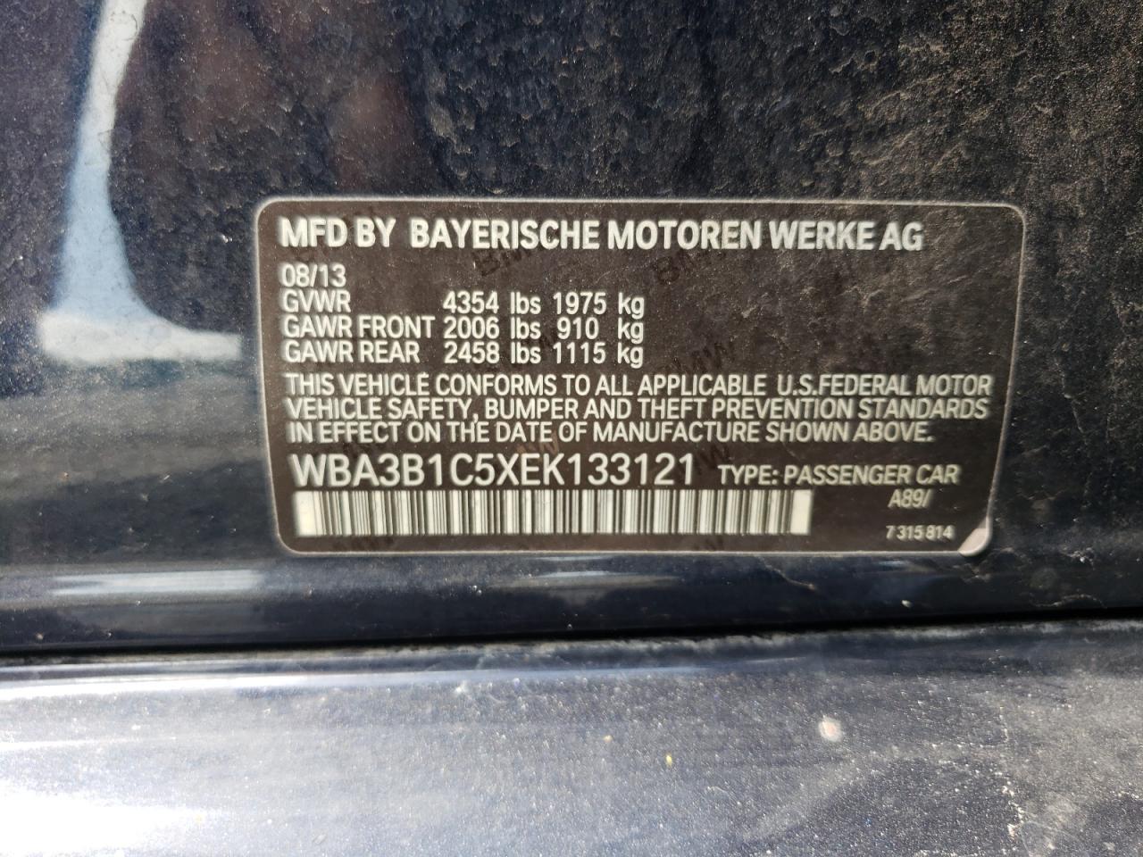 WBA3B1C5XEK133121 2014 BMW 320 I