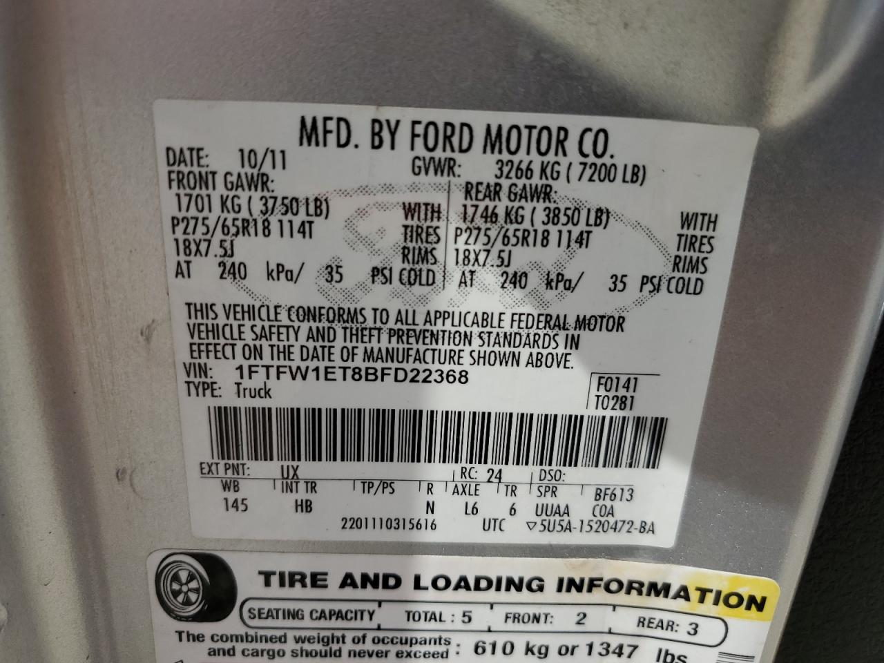 1FTFW1ET8BFD22368 2011 Ford F150 Supercrew
