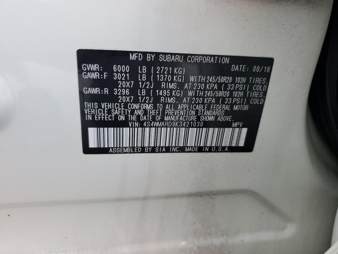 4S4WMARD9K3421030 2019 Subaru Ascent Touring