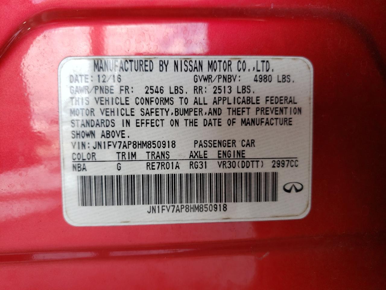 JN1FV7AP8HM850918 2017 Infiniti Q50 Red Sport 400