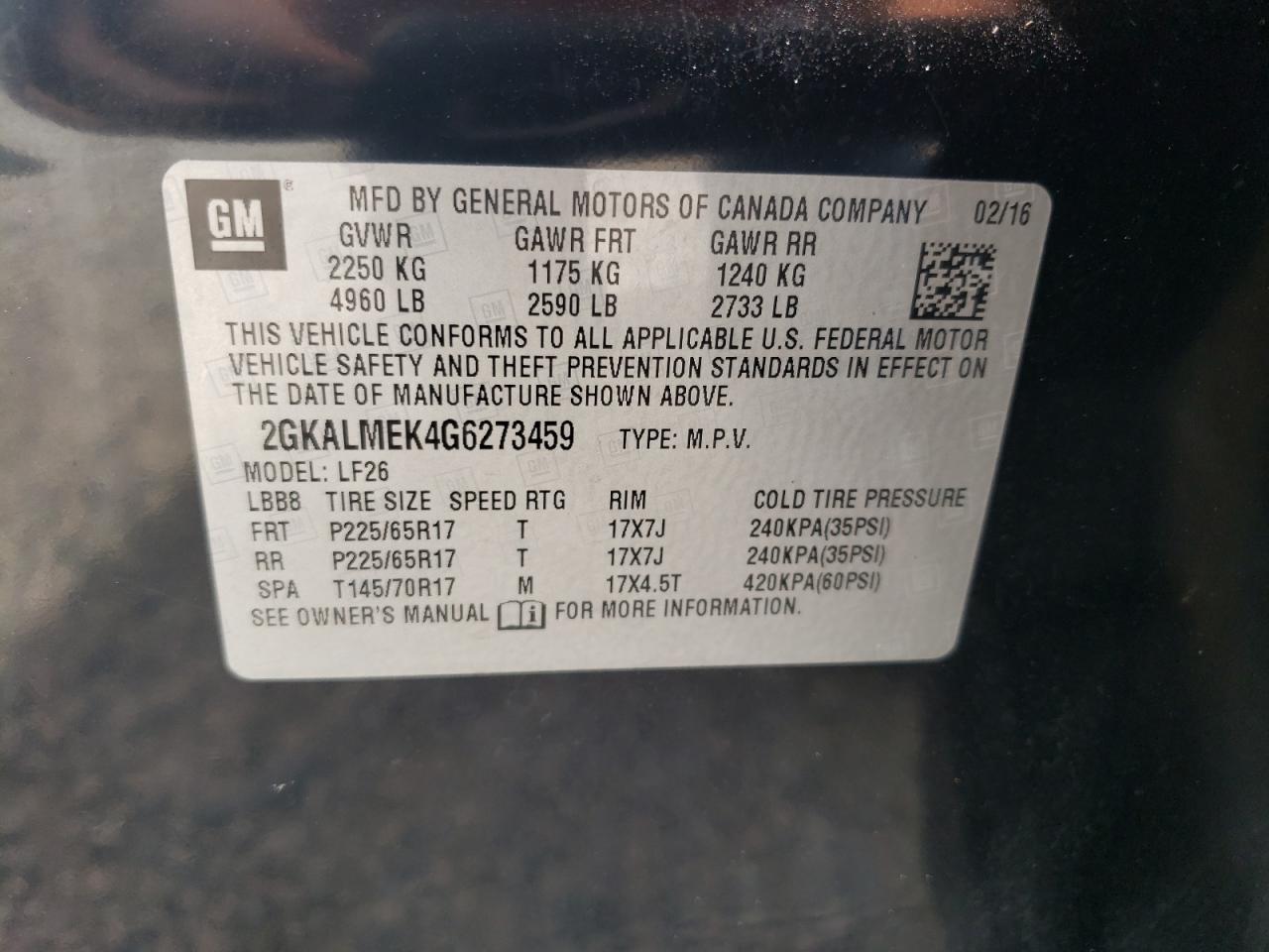 2GKALMEK4G6273459 2016 GMC Terrain Sle