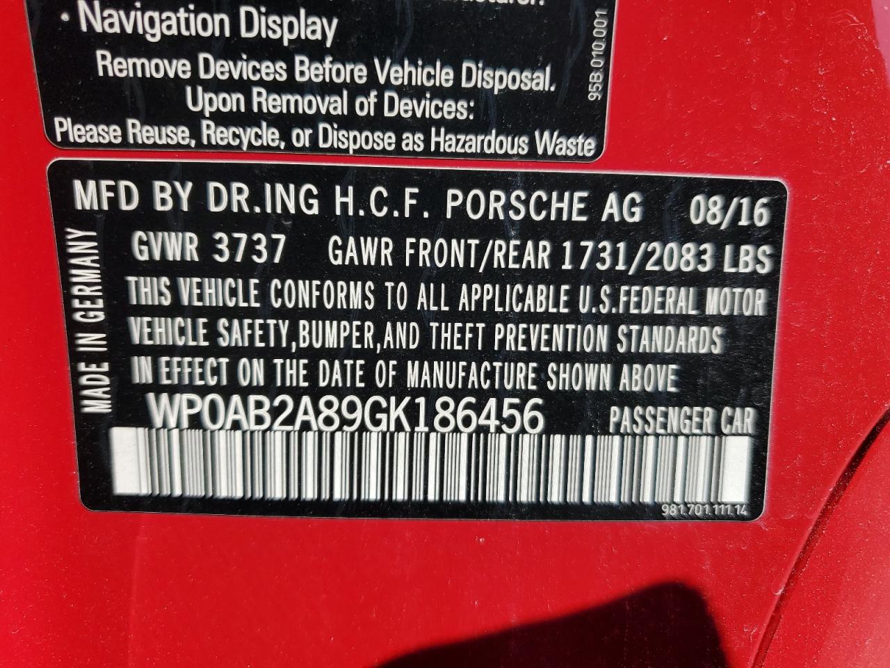 WP0AB2A89GK186456 2016 Porsche Cayman S