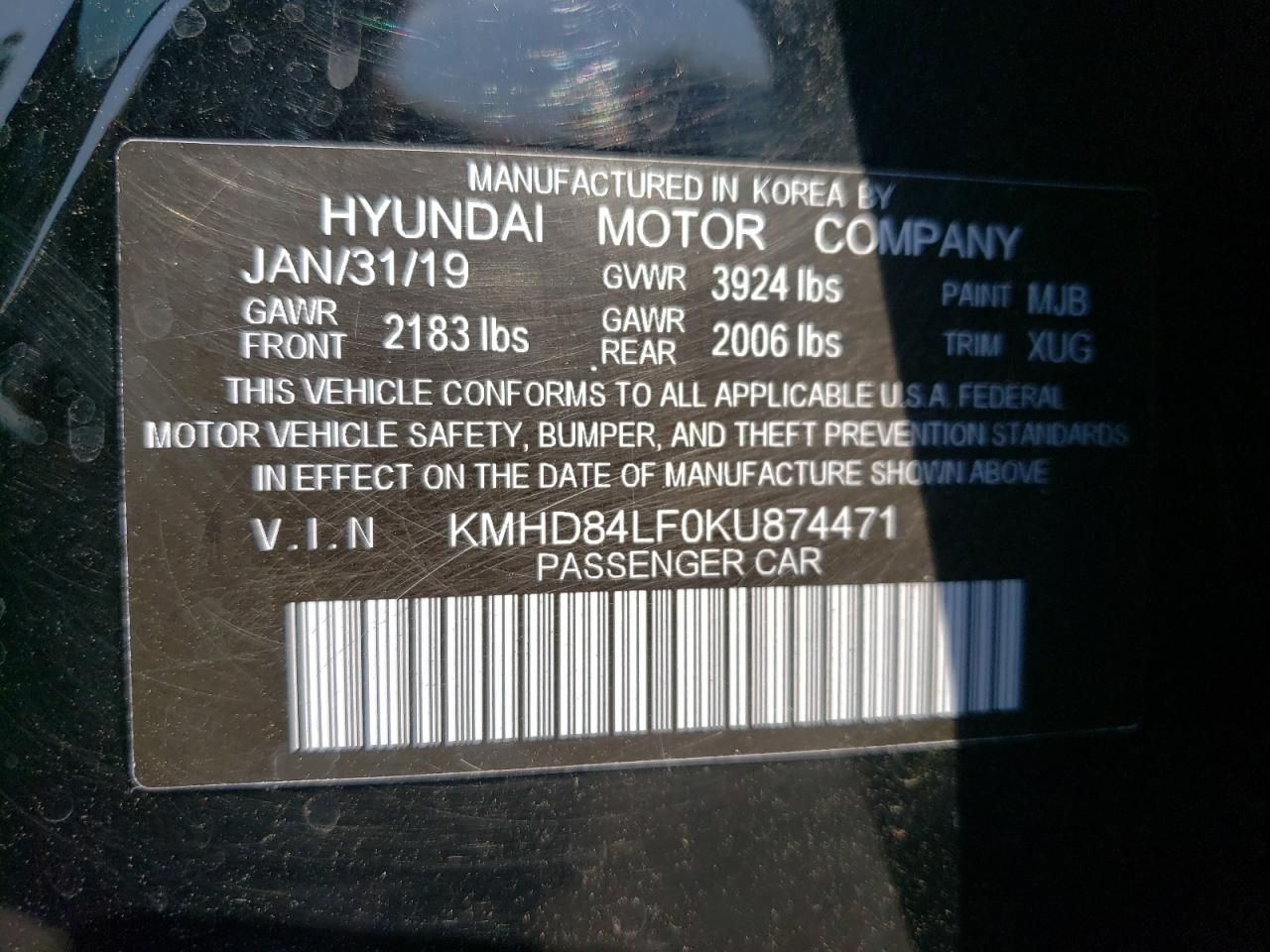 KMHD84LF0KU874471 2019 Hyundai Elantra Sel