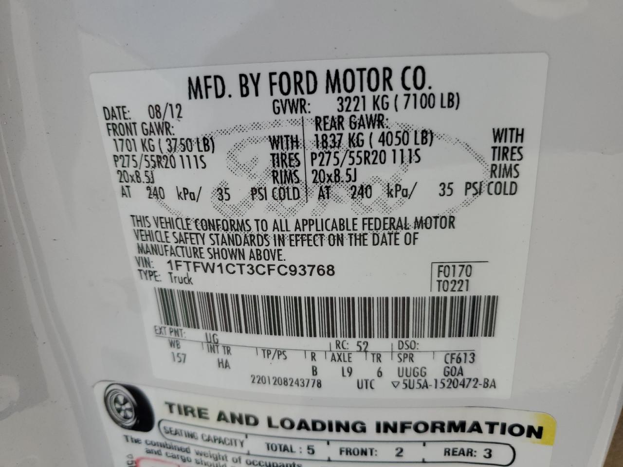 1FTFW1CT3CFC93768 2012 Ford F150 Supercrew