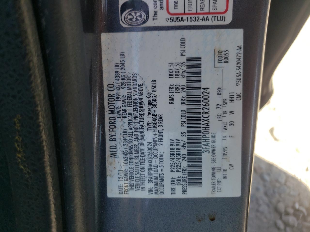 3FAHP0HAXCR260024 2012 Ford Fusion Se