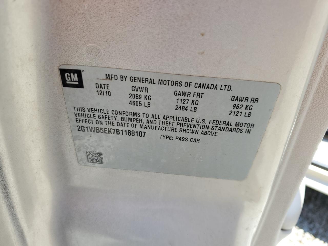 2G1WB5EK7B1188107 2011 Chevrolet Impala Lt