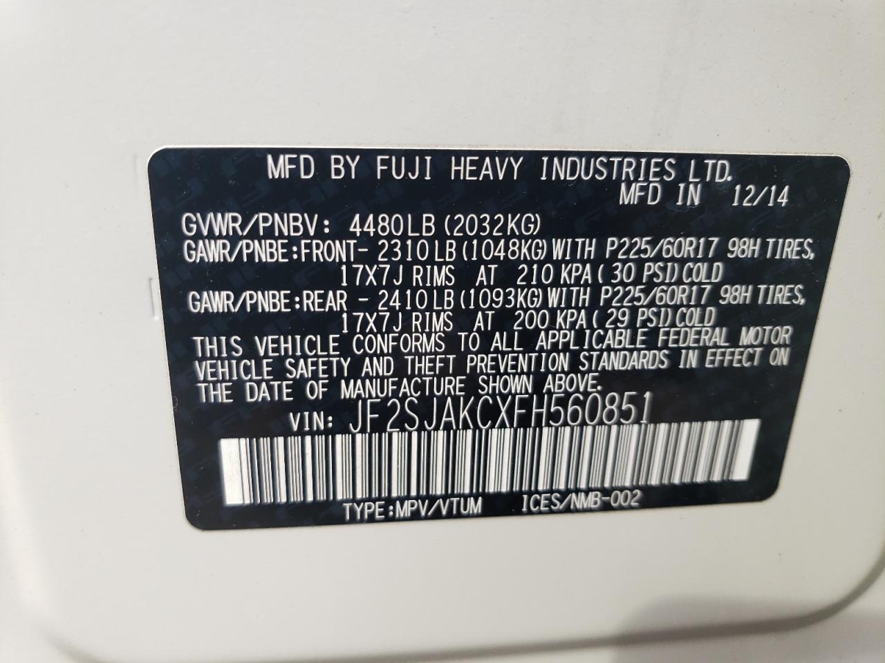 JF2SJAKCXFH560851 2015 Subaru Forester 2.5I Limited