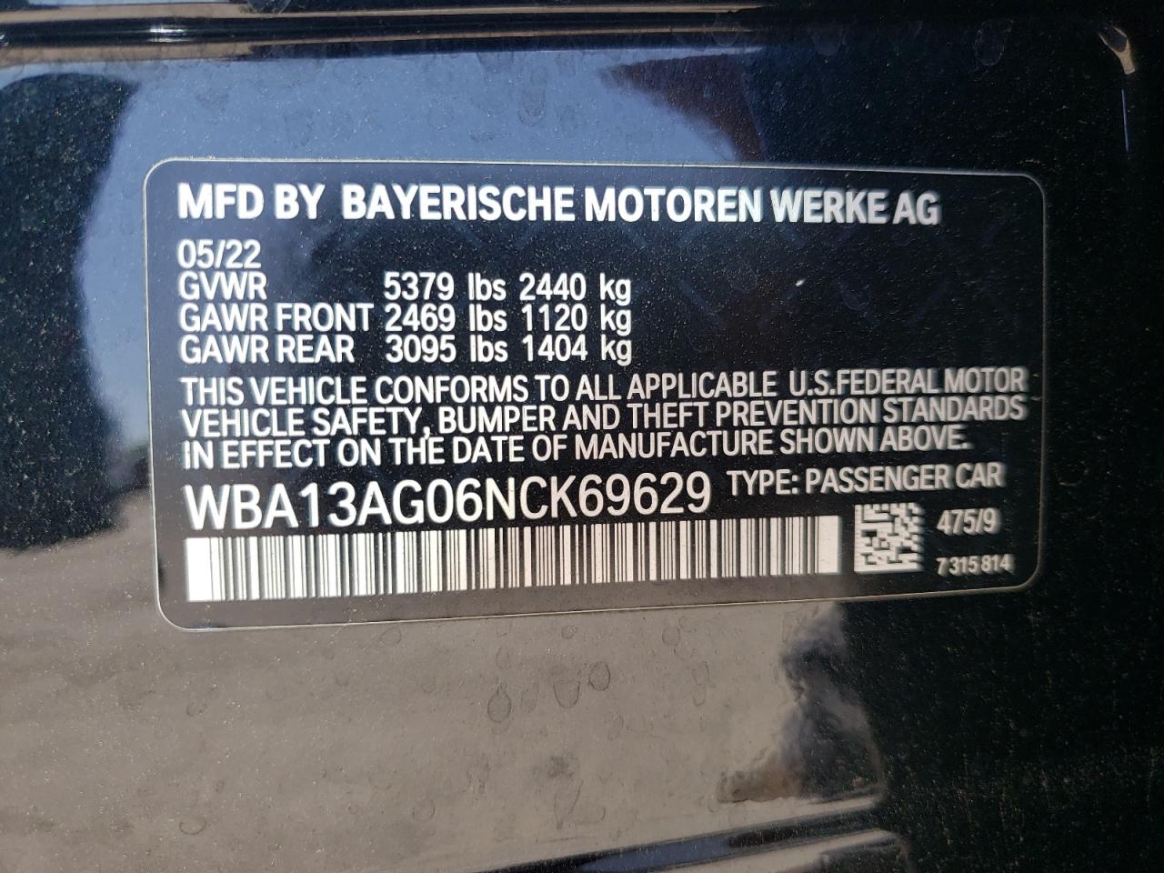 WBA13AG06NCK69629 2022 BMW 530E