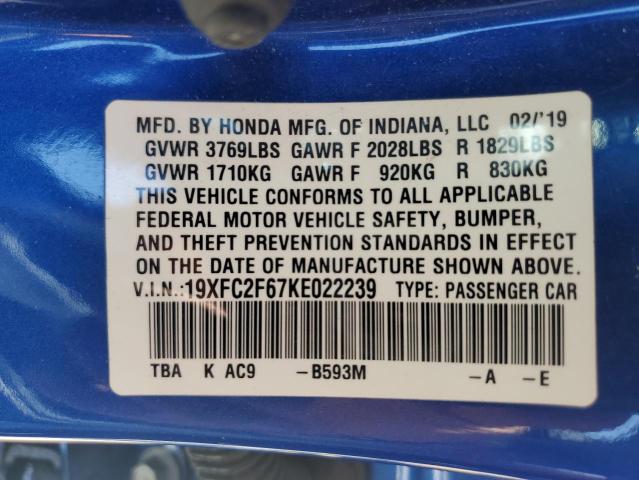 2019 Honda Civic Lx VIN: 19XFC2F67KE022239 Lot: 57898344