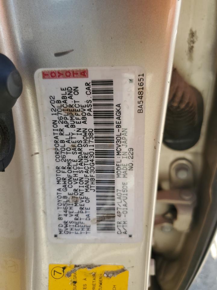 JTHBF30G430117380 2003 Lexus Es 300