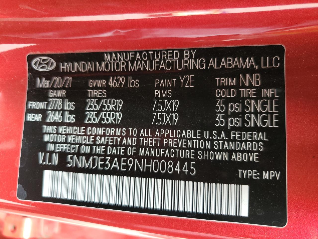 5NMJE3AE9NH008445 2022 Hyundai Tucson Limited