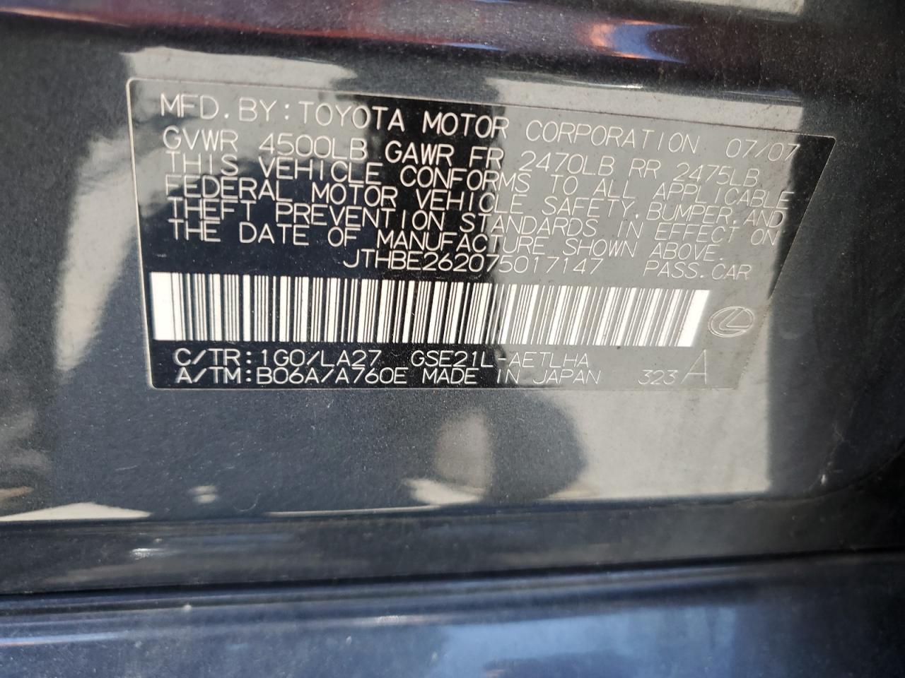 JTHBE262075017147 2007 Lexus Is 350