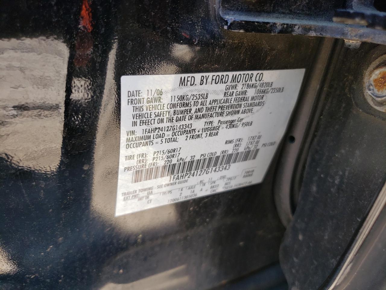 1FAHP24127G143343 2007 Ford Five Hundred Sel