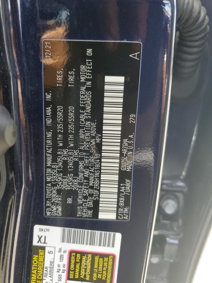 5TDFZRBH1NS180410 2022 Toyota Highlander Platinum