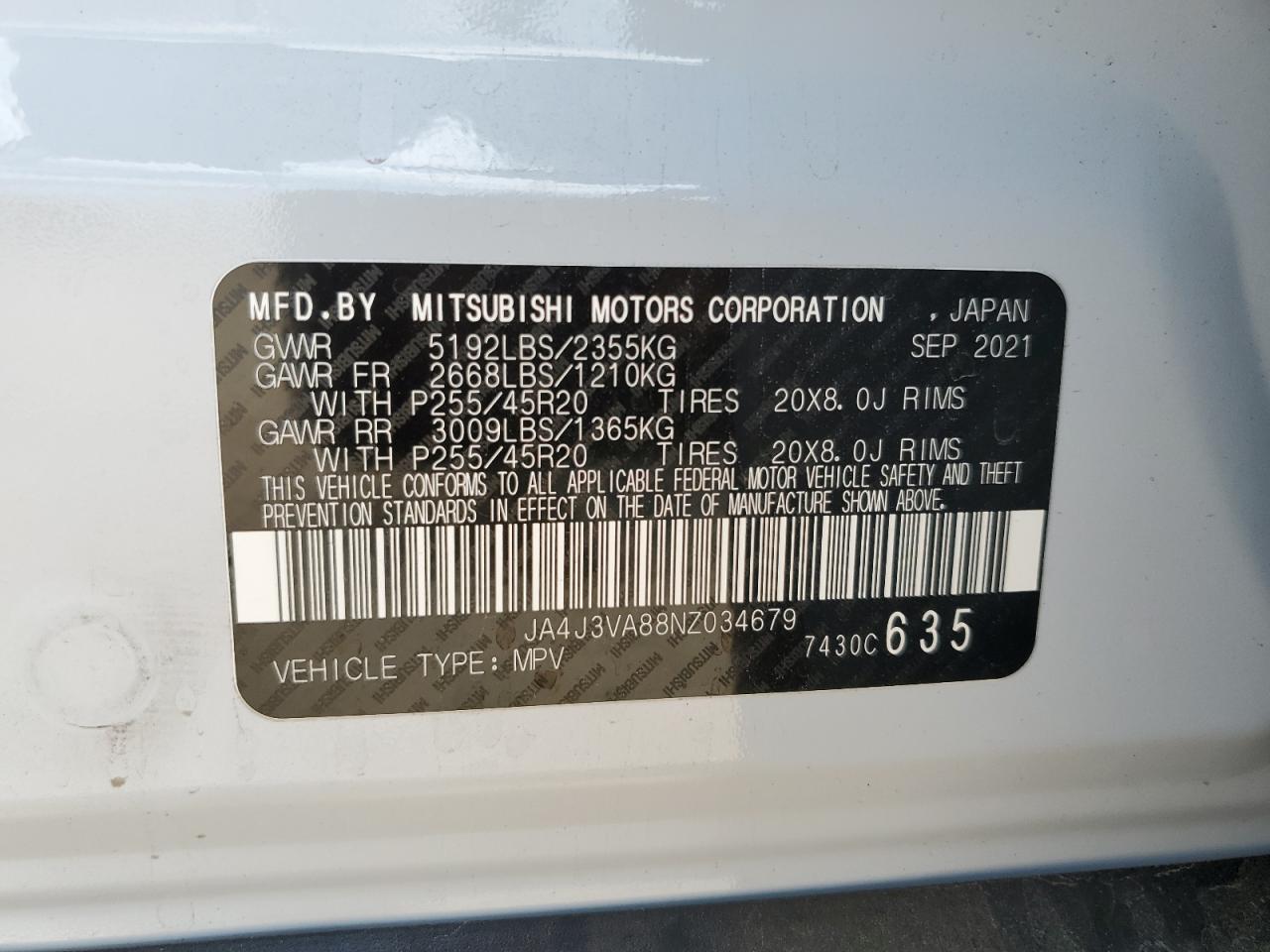 JA4J3VA88NZ034679 2022 Mitsubishi Outlander Sel