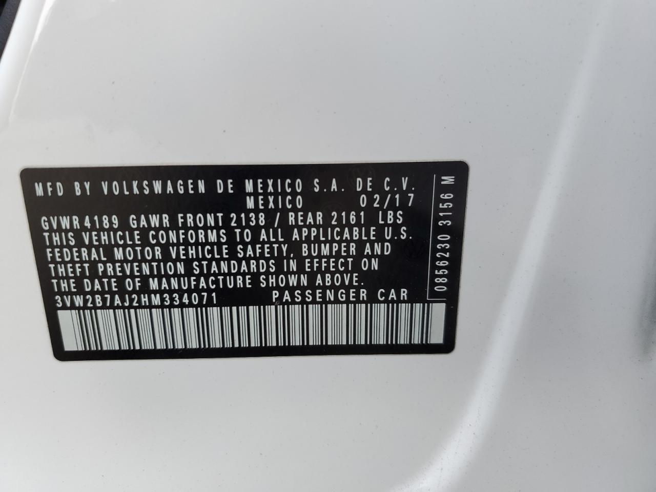 3VW2B7AJ2HM334071 2017 Volkswagen Jetta S