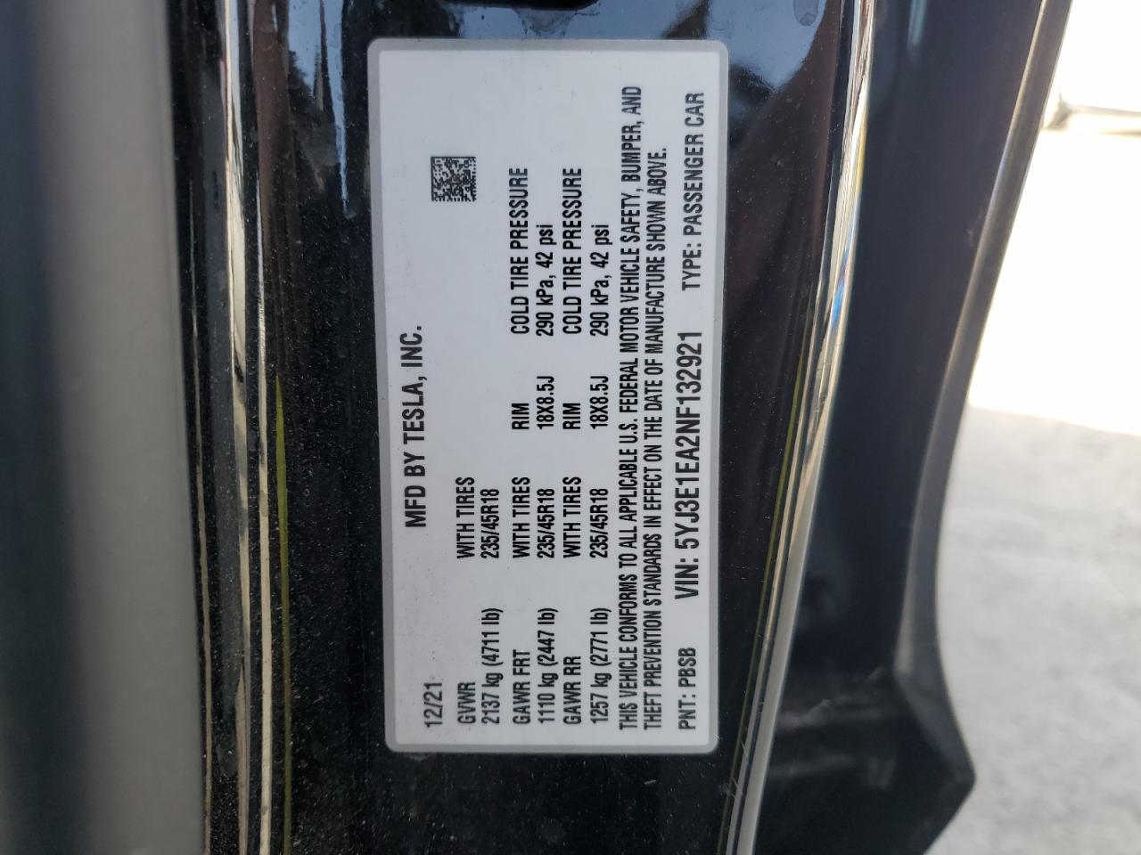 5YJ3E1EA2NF132921 2022 Tesla Model 3