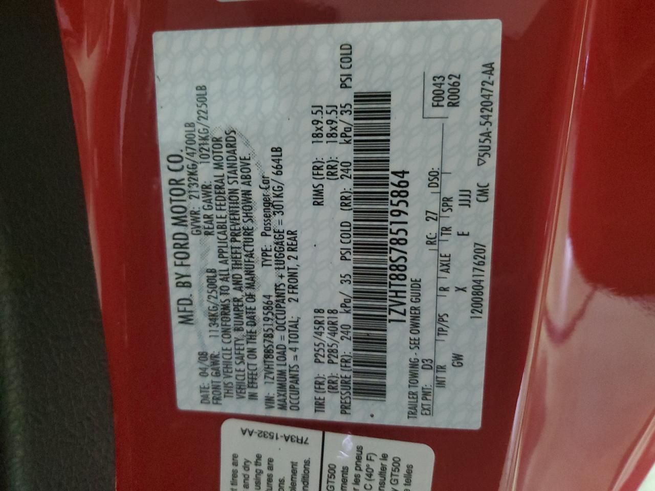 1ZVHT88S785195864 2008 Ford Mustang Shelby Gt500