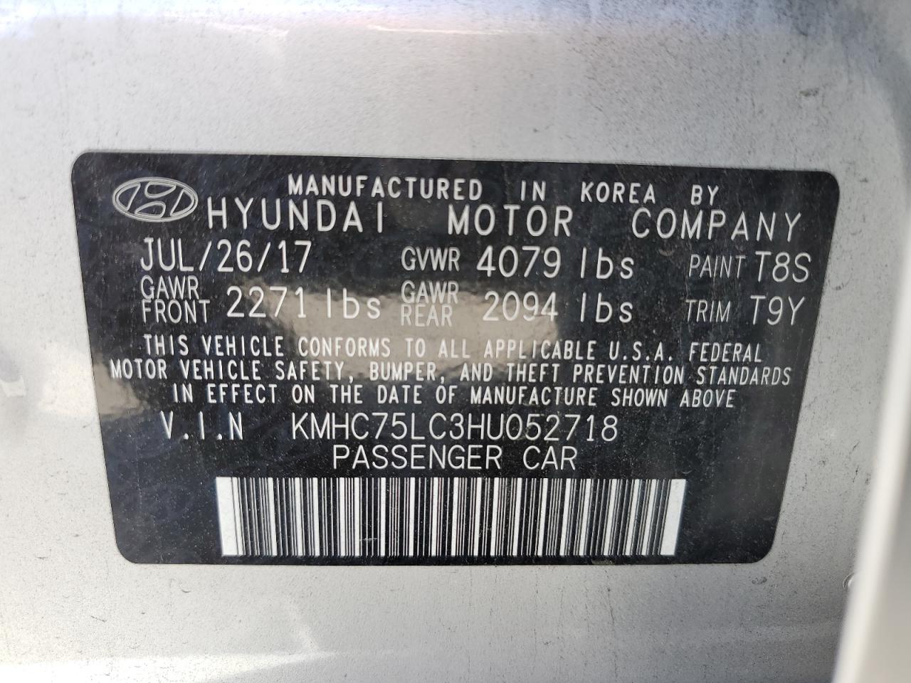 KMHC75LC3HU052718 2017 Hyundai Ioniq Sel