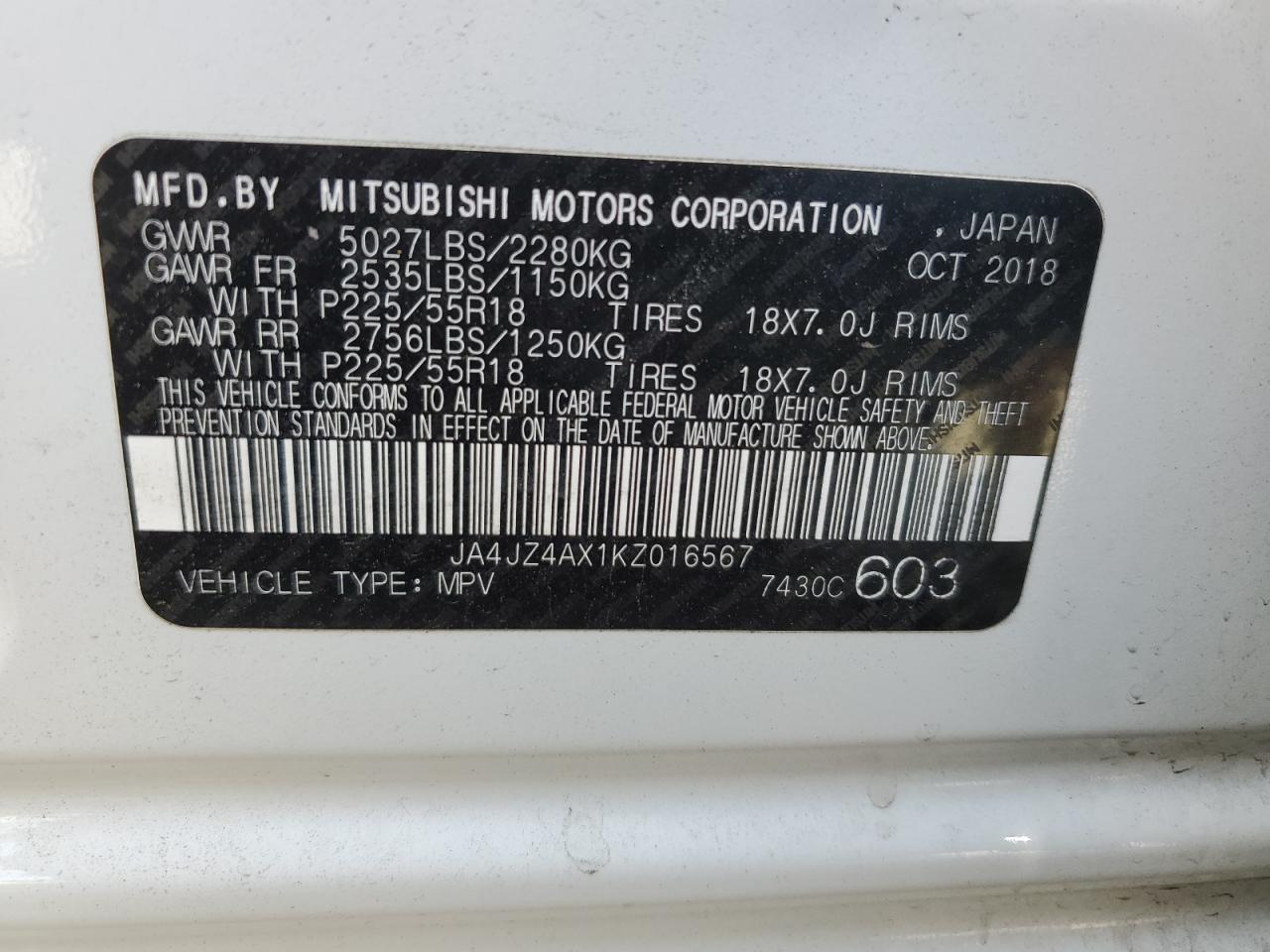 JA4JZ4AX1KZ016567 2019 Mitsubishi Outlander Gt