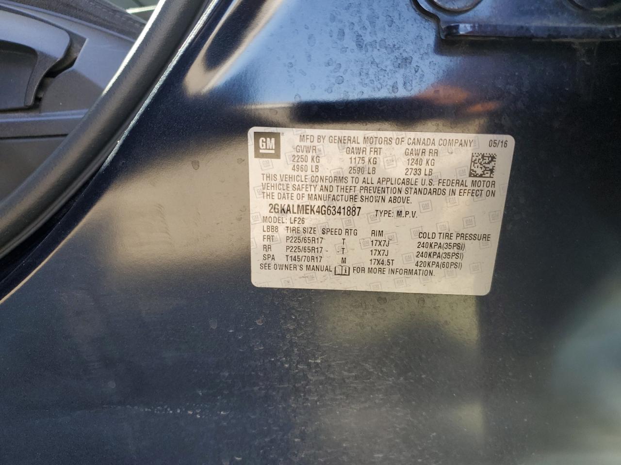 2GKALMEK4G6341887 2016 GMC Terrain Sle