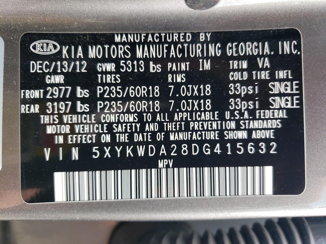 5XYKWDA28DG415632 2013 Kia Sorento Sx