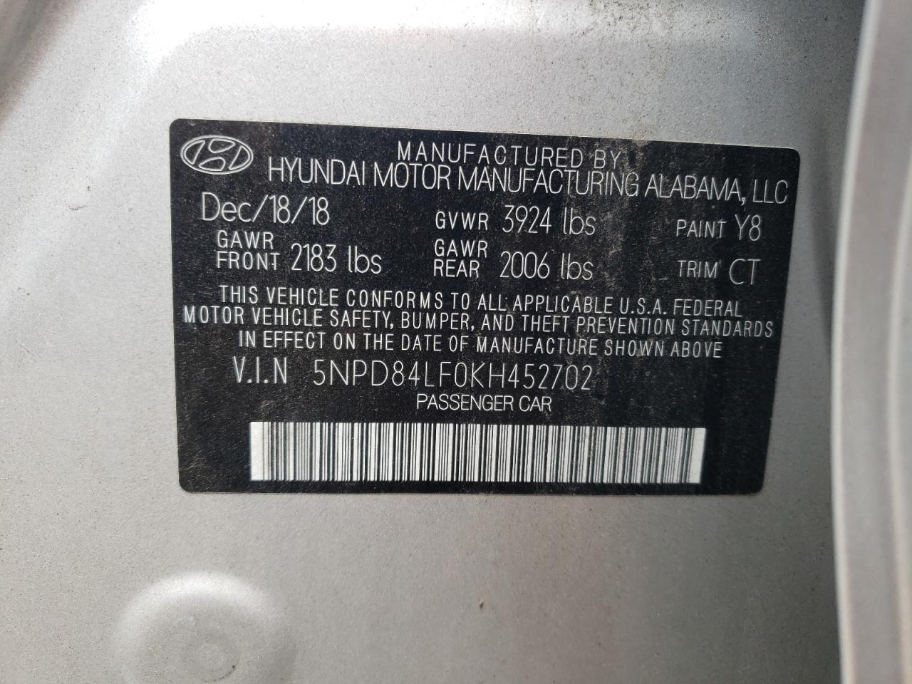 5NPD84LF0KH452702 2019 Hyundai Elantra Sel