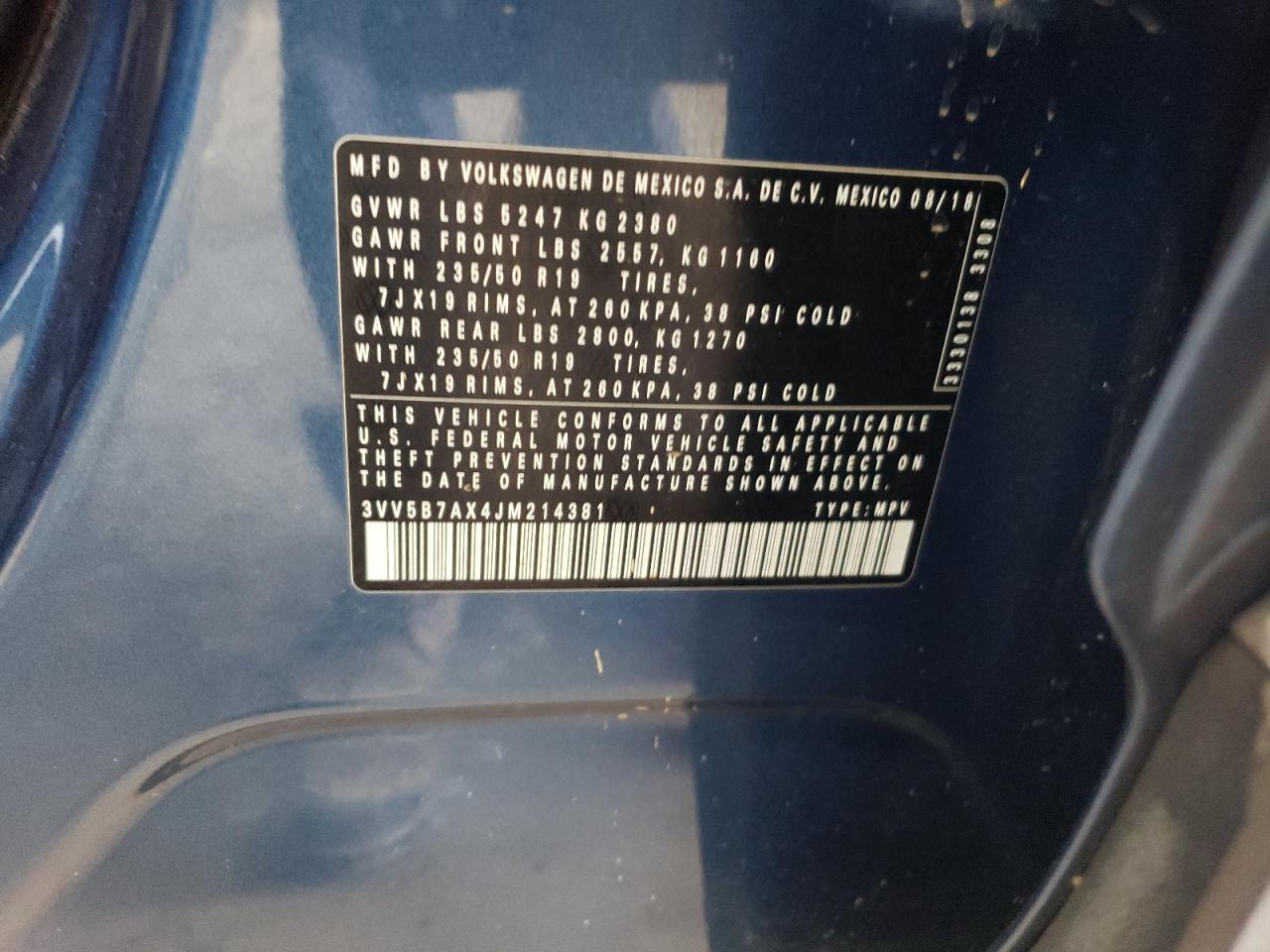 3VV5B7AX4JM214381 2018 Volkswagen Tiguan Sel Premium