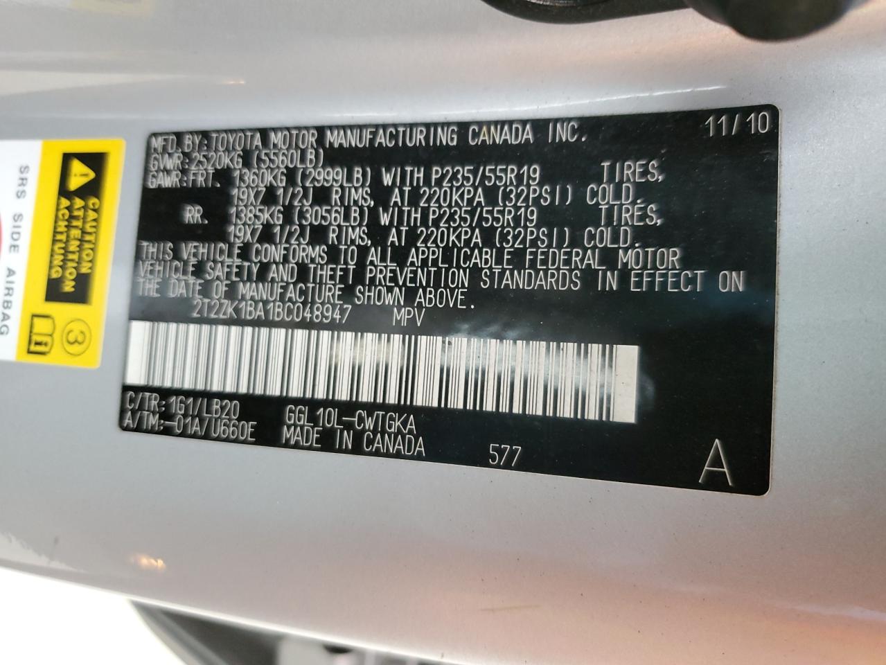 2T2ZK1BA1BC048947 2011 Lexus Rx 350