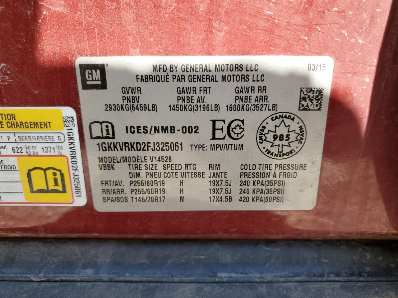 1GKKVRKD2FJ325061 2015 GMC Acadia Slt-1