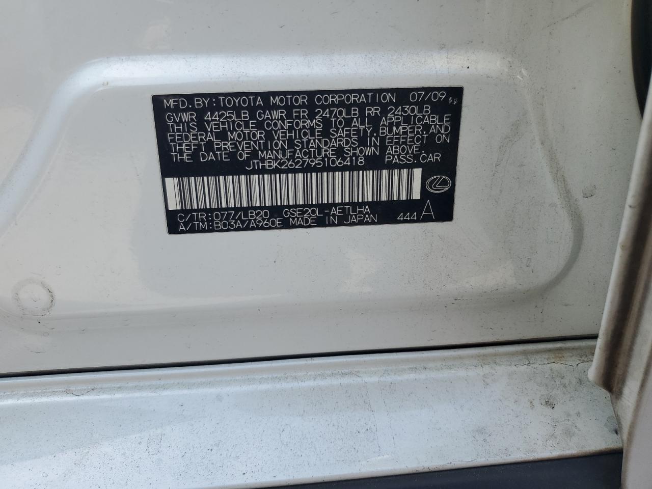 JTHBK262795106418 2009 Lexus Is 250