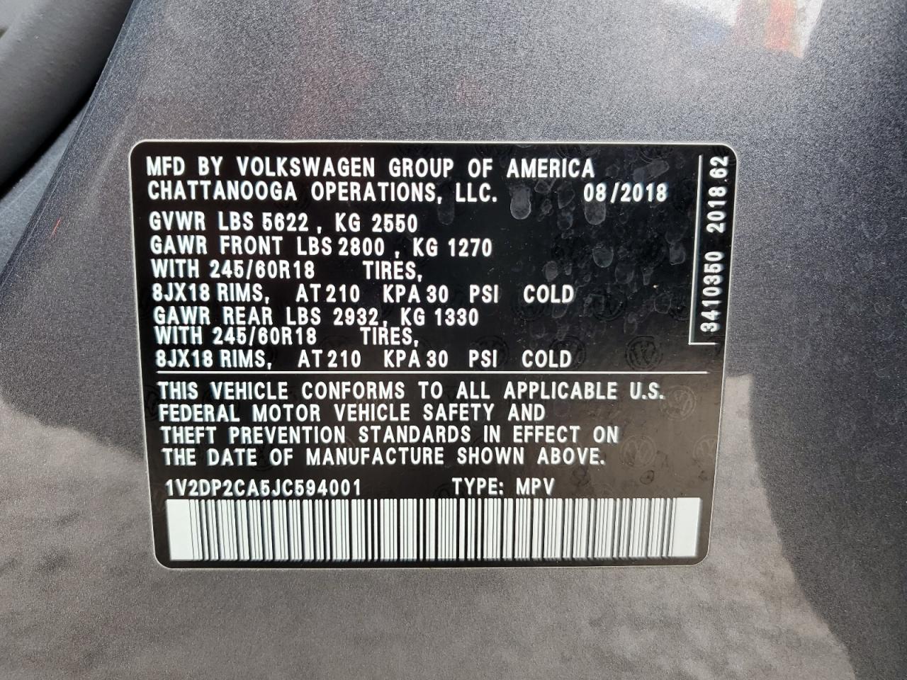 1V2DP2CA5JC594001 2018 Volkswagen Atlas Se