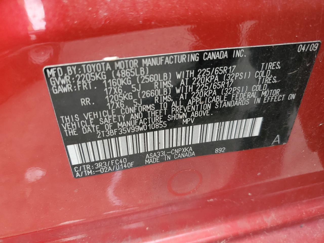 2T3BF35V99W010855 2009 Toyota Rav4
