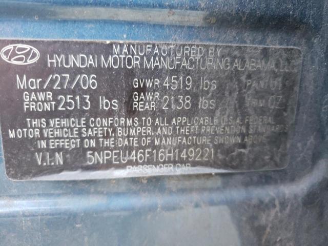 2006 Hyundai Sonata Gls VIN: 5NPEU46F16H149221 Lot: 57646624