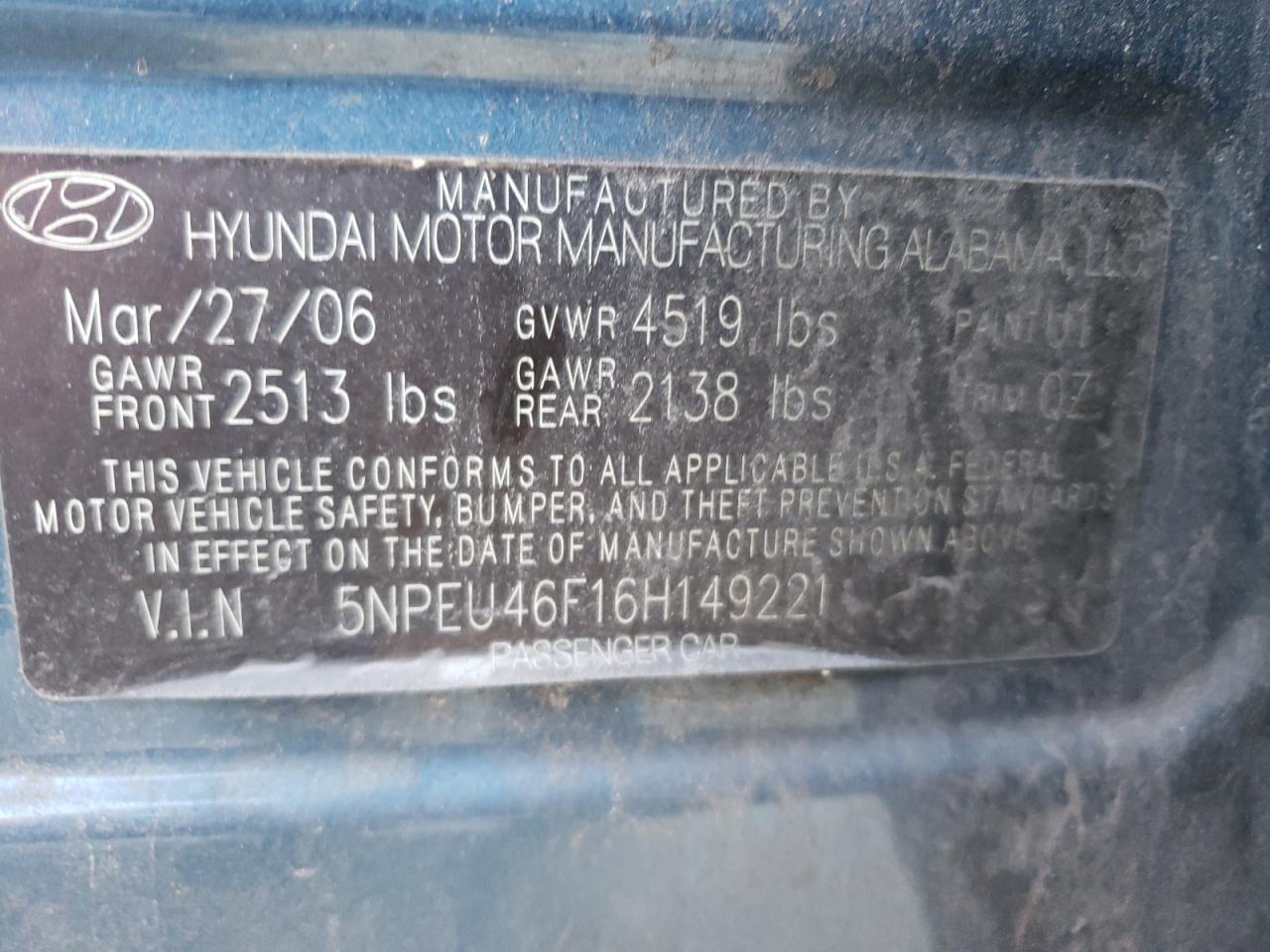 5NPEU46F16H149221 2006 Hyundai Sonata Gls