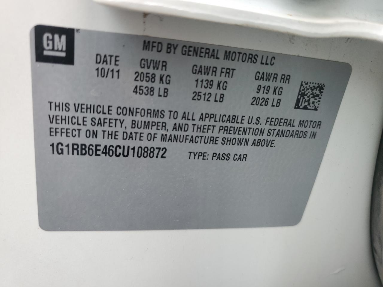 1G1RB6E46CU108872 2012 Chevrolet Volt