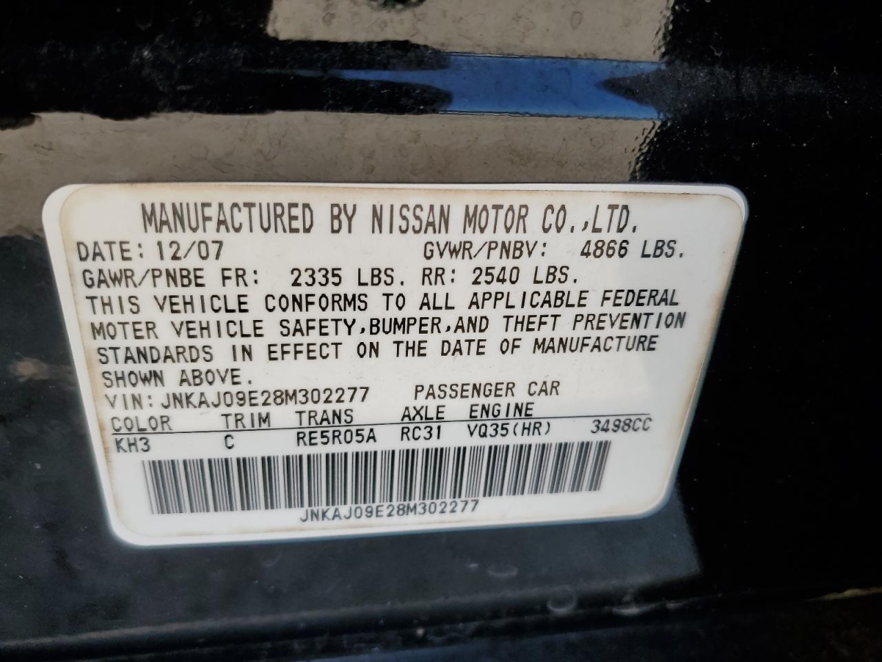 JNKAJ09E28M302277 2008 Infiniti Ex35 Base