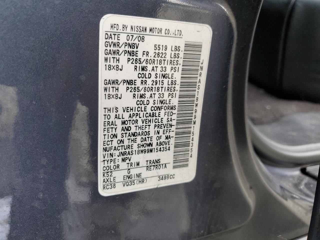 JNRAS18W99M154354 2009 Infiniti Fx35