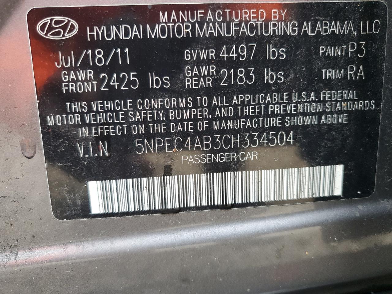 5NPEC4AB3CH334504 2012 Hyundai Sonata Se