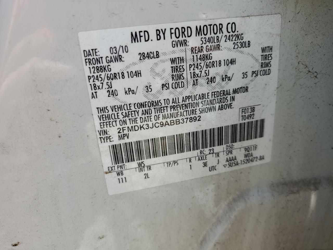 2FMDK3JC9ABB37892 2010 Ford Edge Sel