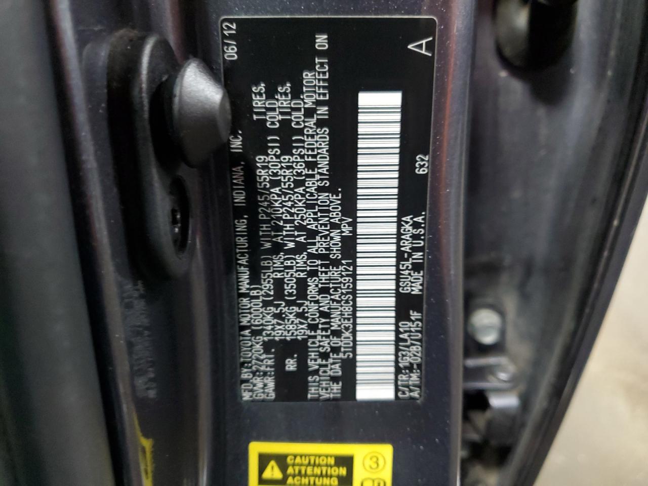 5TDDK3EH8CS159121 2012 Toyota Highlander Limited