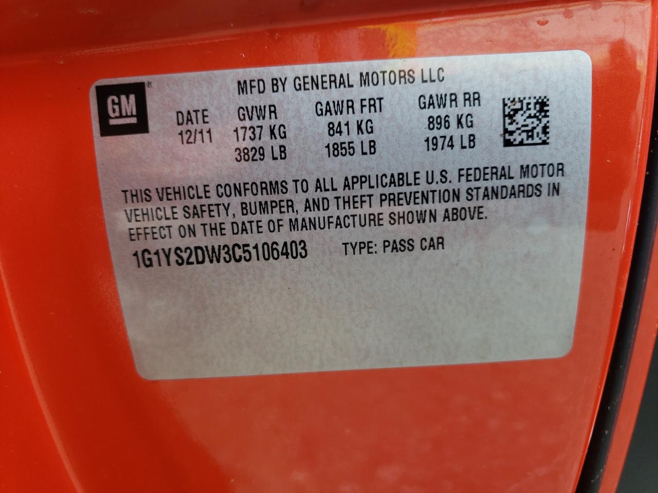 1G1YS2DW3C5106403 2012 Chevrolet Corvette Grand Sport