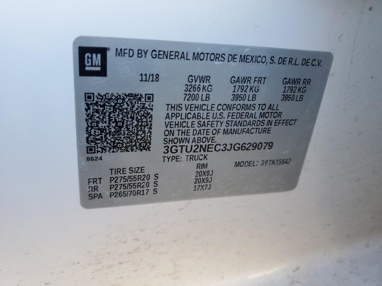 3GTU2NEC3JG629079 2018 GMC Sierra K1500 Slt