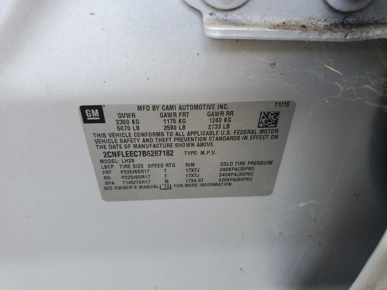 2CNFLEEC7B6287182 2011 Chevrolet Equinox Lt