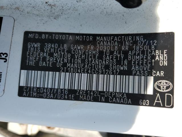 2012 Toyota Corolla Base VIN: 2T1BU4EE4CC912617 Lot: 56835554